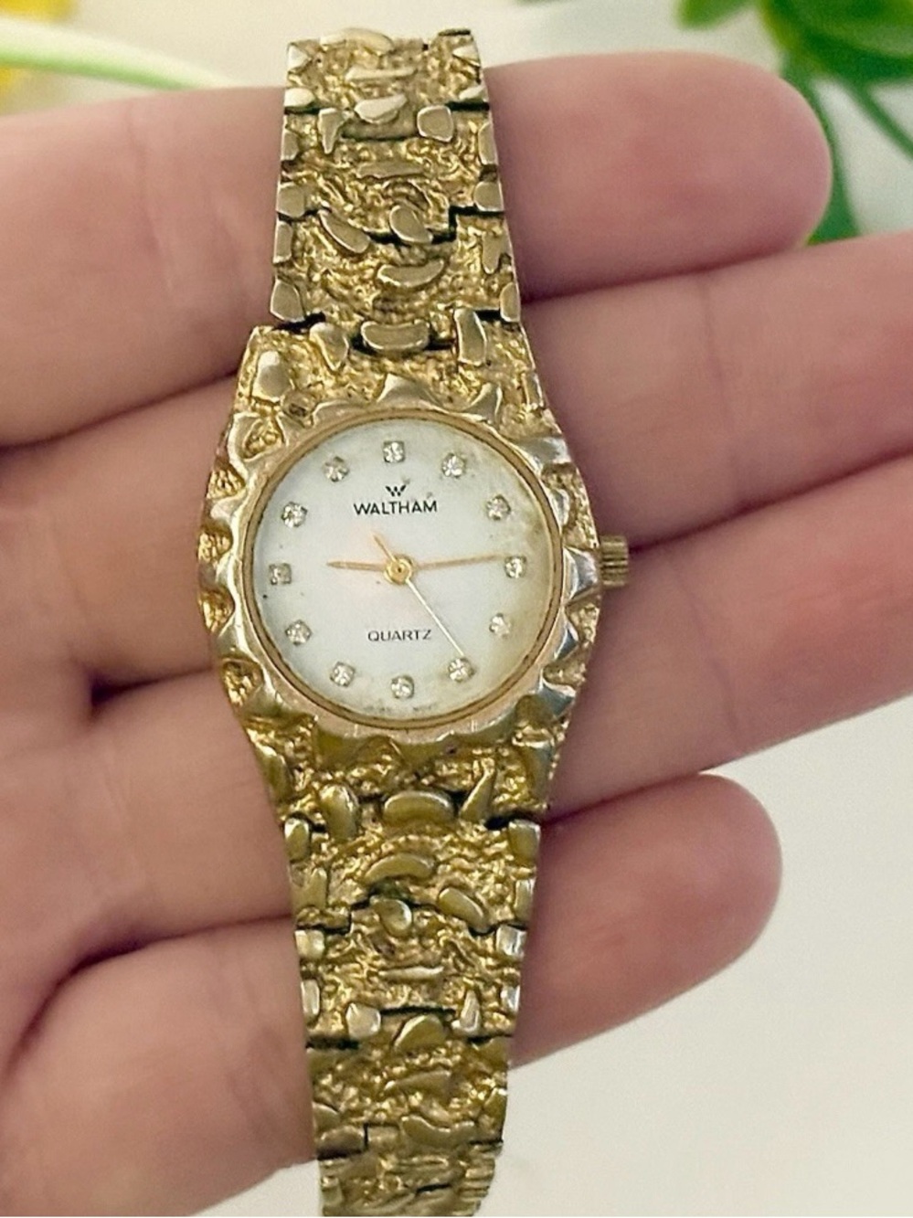 Vintage Ladies Waltham Gold Nugget Diamond Bracelet Watch WORKS! Retro 80s Style